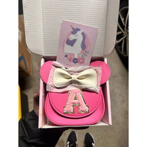 Girls Pink Mini Mouse Style Purse‎ with Cream Bow & Letter A Patch Crossbody NEW